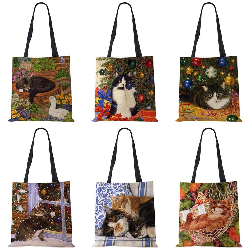 Cute Cat Flower Painting Print Womens Designer Tote Bags Women Handbag Large Shopping Bag Foldable For Groceries