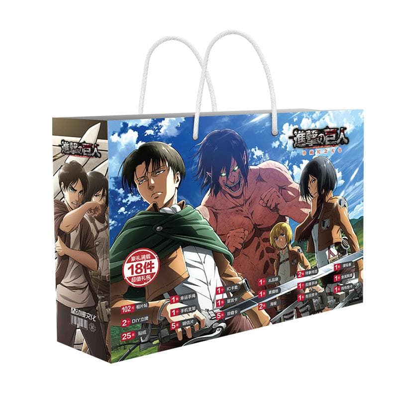 Anime Attack On Titan Lucky Gift Bag Eren Ackerman Collection Toy With Postcard Poster Badge Stickers Bookmark Sleeves Gift