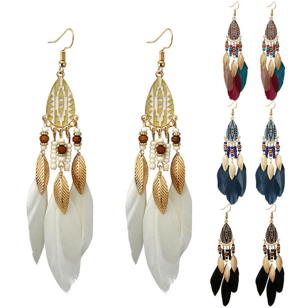 Ethnic Style Hook Women Earrings Long Feather Charm Jewelry Ornament Gift white