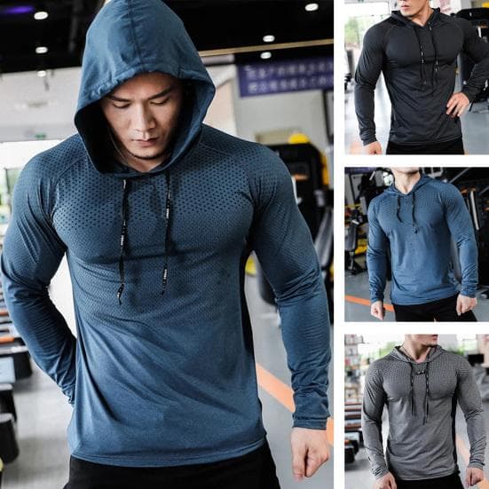 Men Sport Top Drawstring Hooded Long Sleeve Slim Fit Soft Breathable High Elasticity Quick Dry Hollow Mesh Jogging Training Summer Spring Sweatshirt c