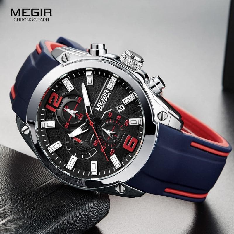Megir Men's Chronograph Analog Quartz Watch with Date, Luminous Hands, Waterproof Silicone Rubber Strap Wristswatch for Man 2063 ivory