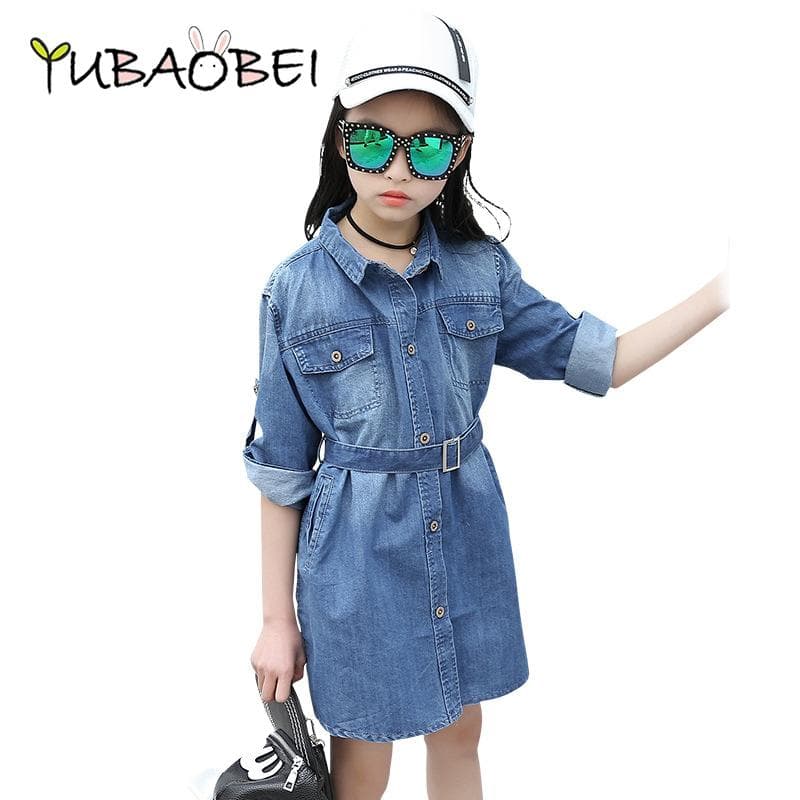 YUBAOBEI Fashion Jean Shirt Dress for Girls Spring Kids Girls Jeans Dress Teen Girl Denim Clothes Casual Child Girl Dress cm blue