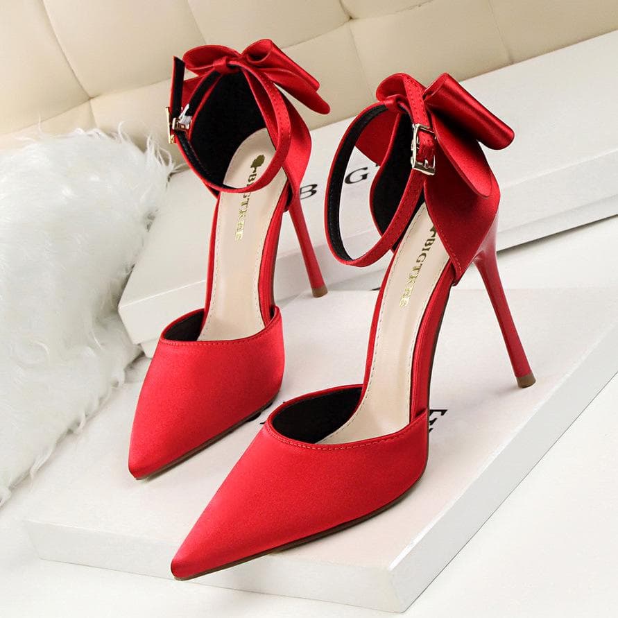 BIGTREE Sweet Lady Thin Heel 10cm High Heel Shallow Mouth Pointed Sandal with Bow Tie cm wine