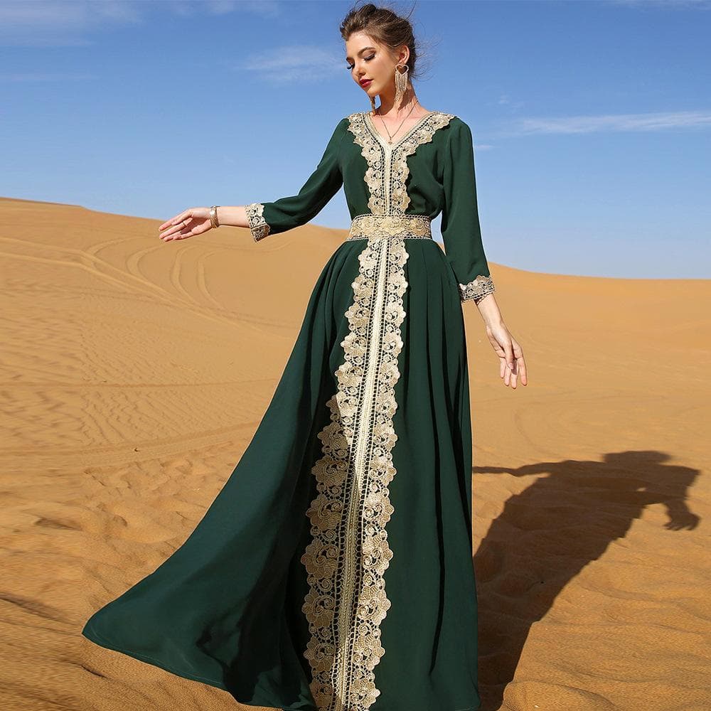 Middle Eastern Muslim Women's Embroidered Robe Loose Casual Long Ethnic Style Dress cm dark green