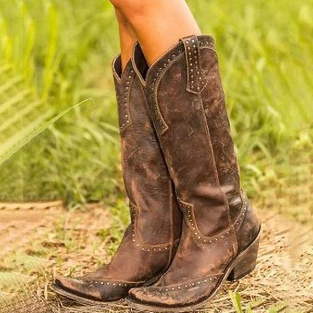 Cowboy Cowgirl Pointed Toe Mid Calf Boots for Women Chunky Heels Casual Vintage Leisure Casual Western Boots cm auburn