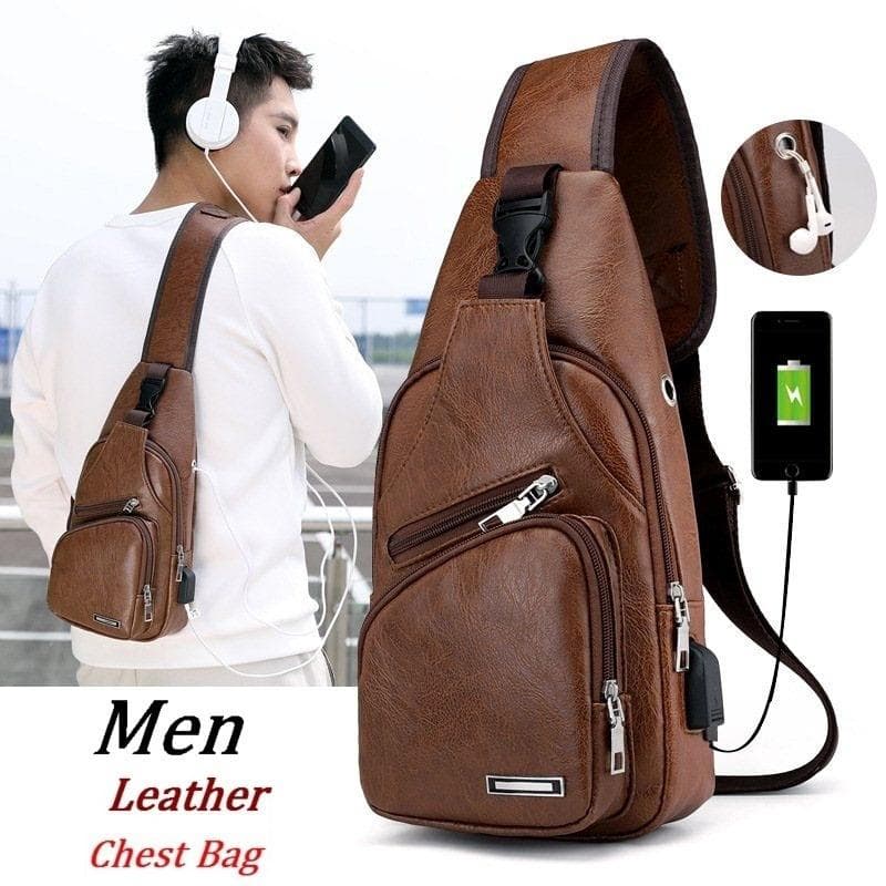 Chest Bag Casual Outdoor Travel USB Charging Port Sling Bag Leather Crossbody Bag Messenger Bags light brown