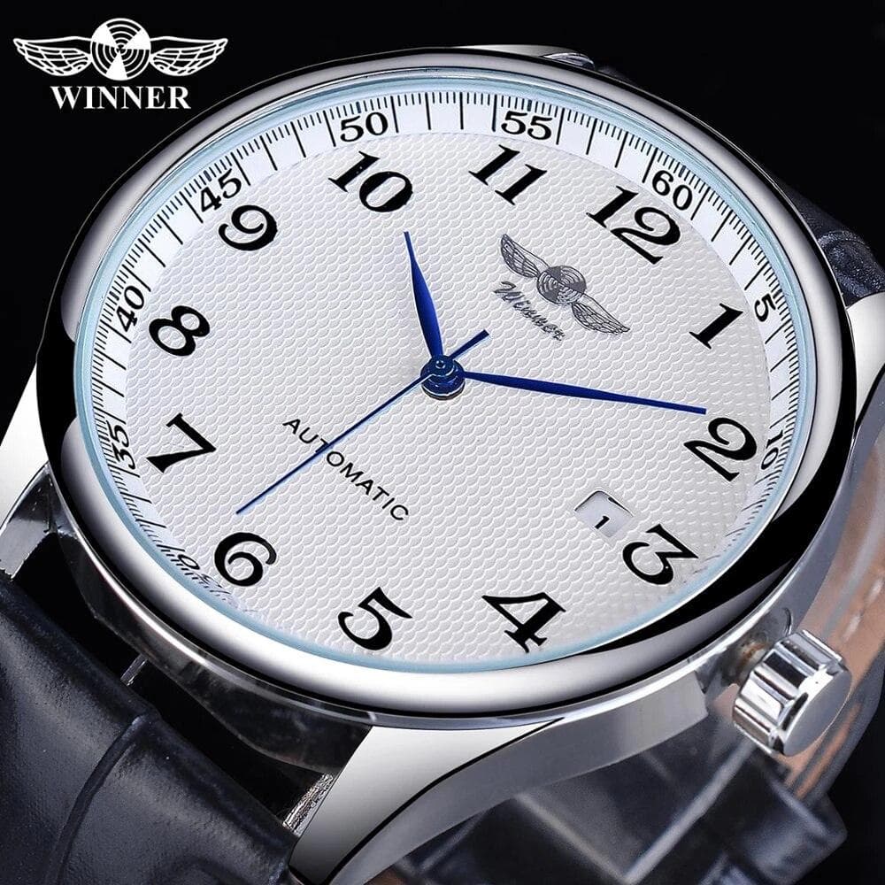 Winner Black Date Automatic Watch Leather Band Business Sports Watches Top Brand Luxury Men's Fashion Casual Mechanical Clock brown