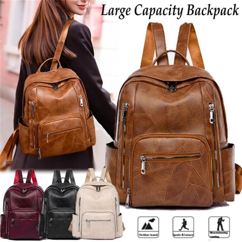 New Ladies Vintage Soft Leather Large Capacity Backpack Multi-pocket Leather Student Backpack Travel Rucksack black