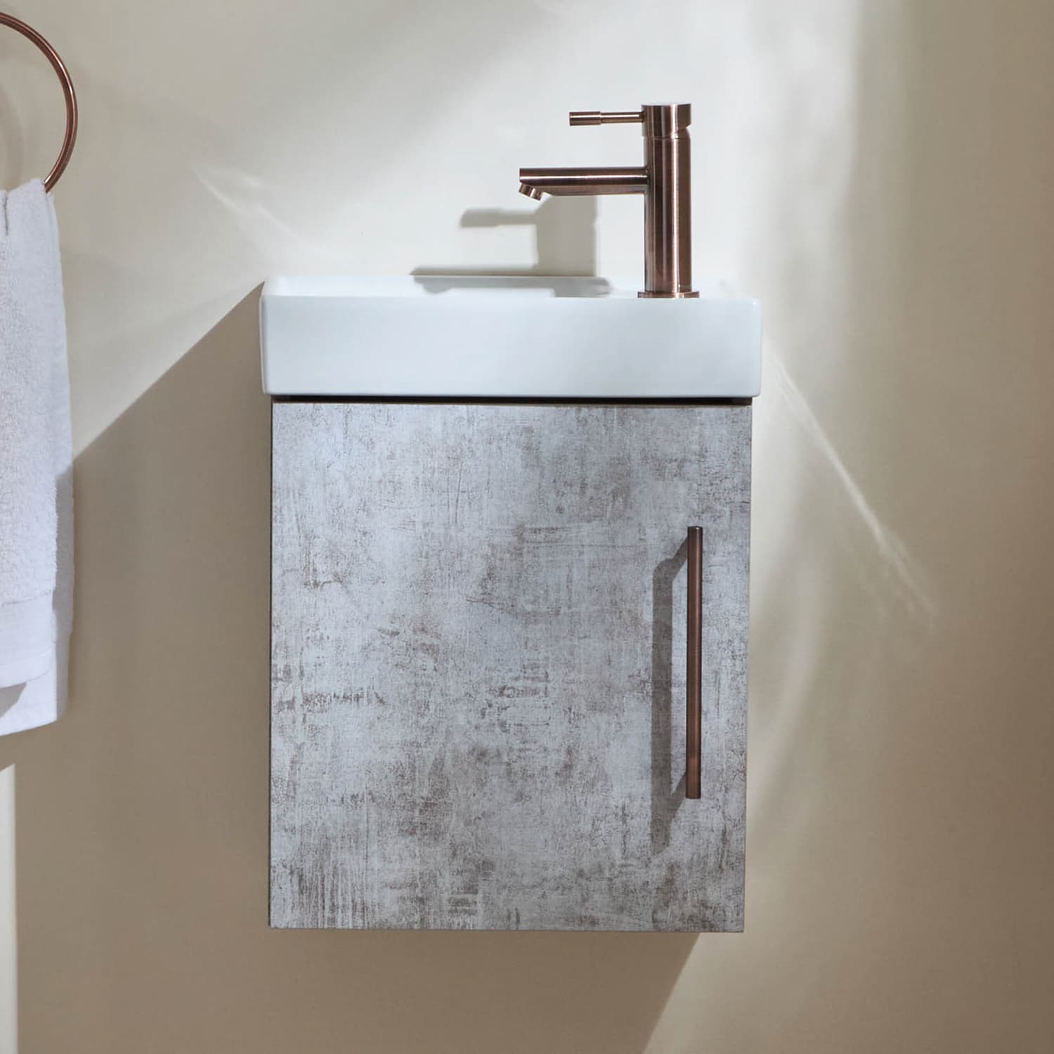 Mobile Bagno Grigio Cemento Sospeso da 400mm con Lavabo e Maniglia con Barra a T in Bronzo Spazzolato - Cluo