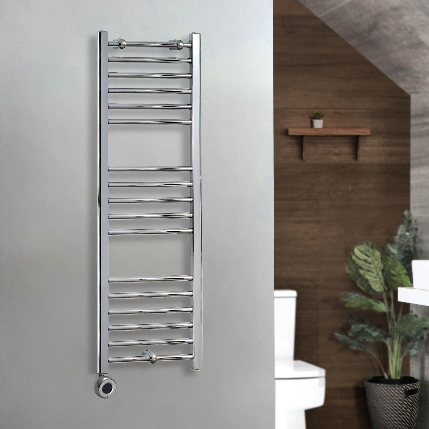Scaldasalviette Elettrico Diritto Cromato - 1200mm x 400mm  - con Elemento Termostatico Wi-Fi con Presa Elettrica - Kent - ECOSO by Hudson Reed