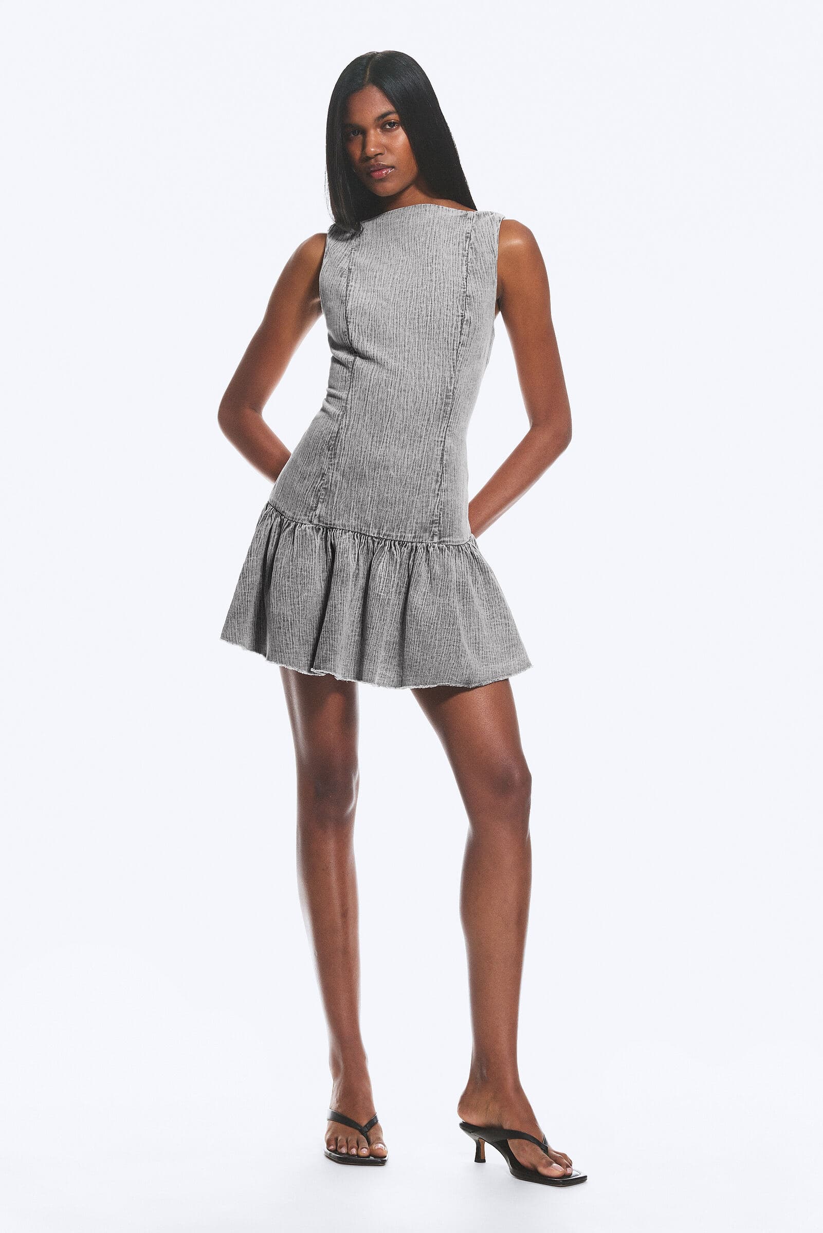 Flared Boat-neck Mini Twill Dress