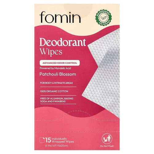 fomin, Deodorant Wipes, Patchouli Blossom, 15 Individually Wrapped Wipes