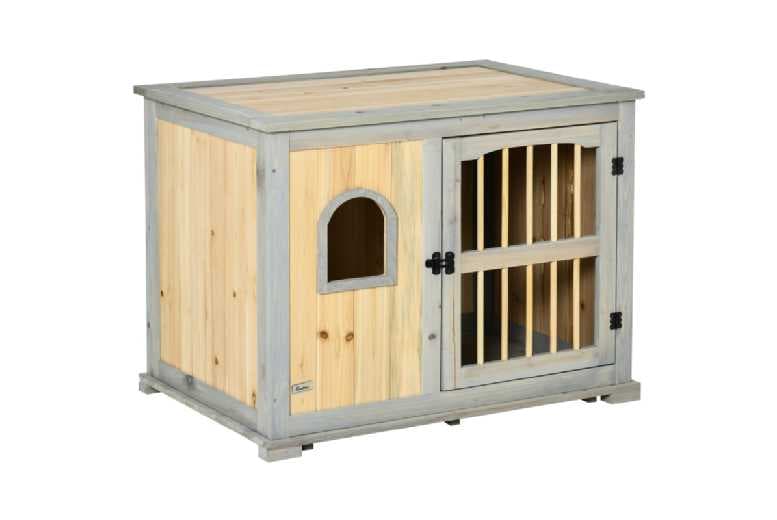 Luxury Wooden Dog Crate End Table With Lockable Door - Stylish Indoor Kennel For Medium/Large Breeds, Grey/Natural | Wowcher