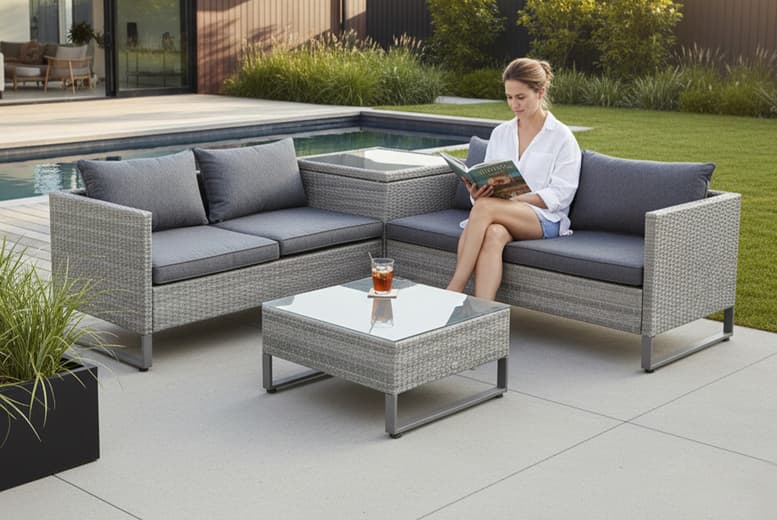 4 Piece Rattan Wicker Sofa Set With Large Table & Storage Box - Grey | Wowcher