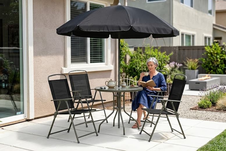 Outsunny 6-Piece Garden Set With Tempered Glass Table And Parasol - Black | Wowcher
