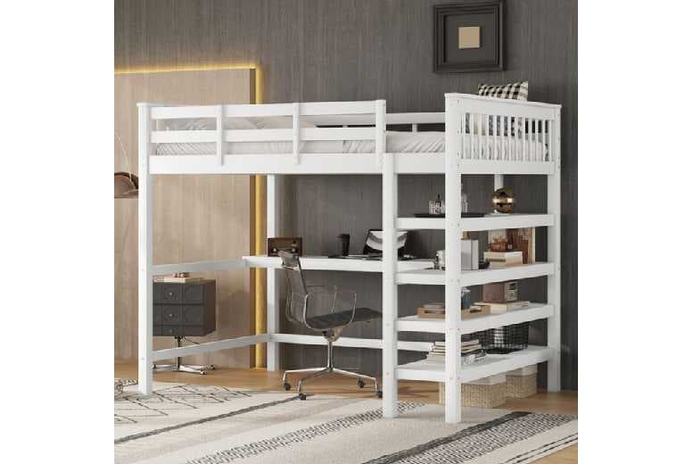 Kids Loft Bed With Desk & Storage - Solid Pine, White Finish | Wowcher