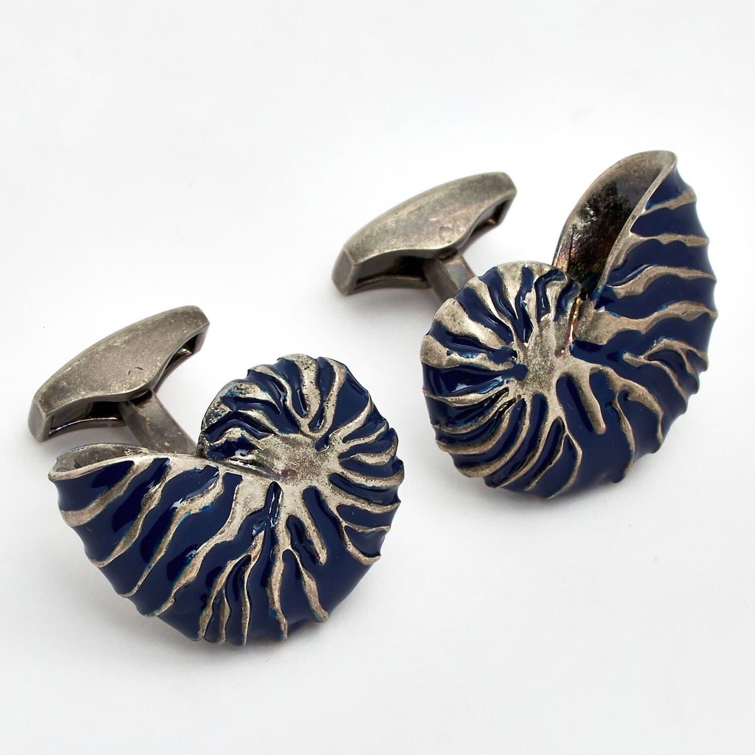 TATEOSSIAN  Silver Tone Blue Motif Nautilus Shell Cufflinks CL9186