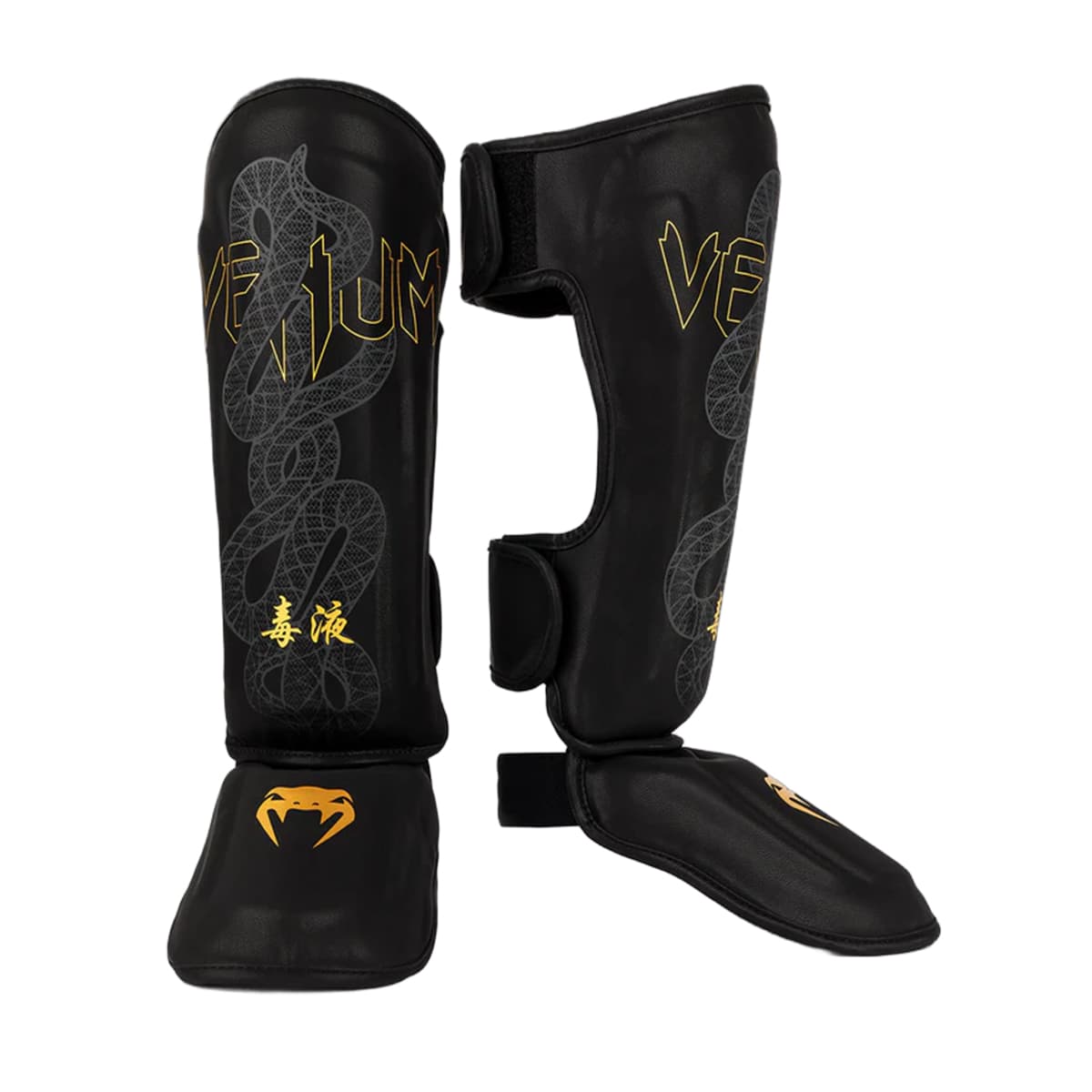 Venum Serpenti Muay Thai/ MMA Shin Guards - Black/Silver/Gold Large