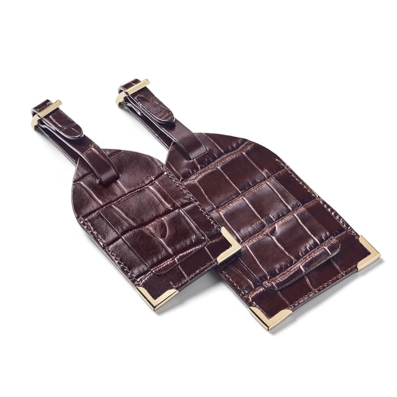 Aspinal of London Set of 2 Luggage Tags in Deep Shine Amazon Brown Croc