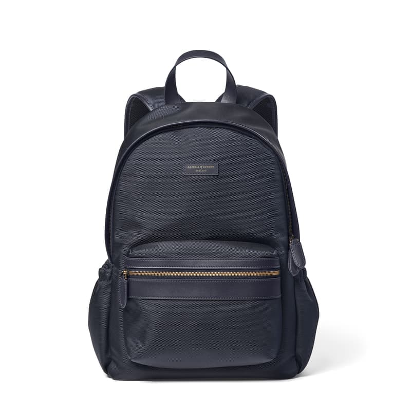 Aspinal of London Men's Backpack in Navy Leather-Trim Nylon Canvas