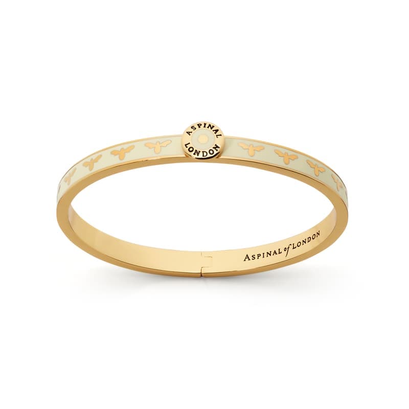 Aspinal of London Thin Bee Bangle in Ivory Enamel & 18ct Gold Plated