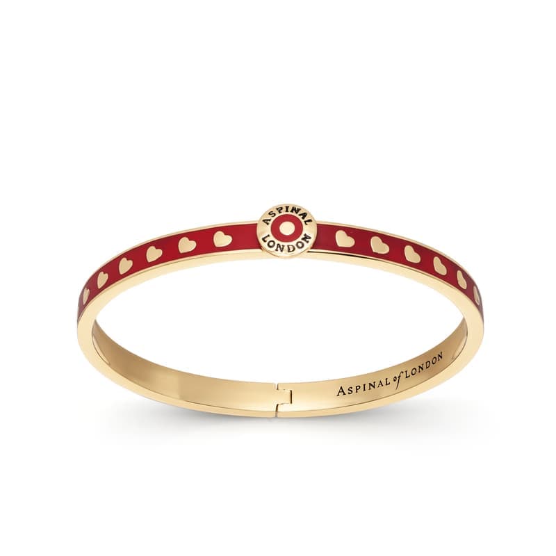 Aspinal of London Thin Love Hearts Bangle in Cardinal Red Enamel & 18ct Gold Plated