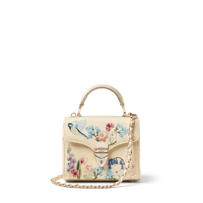 Aspinal of London Mini Mayfair Embroidered Bag in English Garden Hand Embroidery on Canvas Raffia