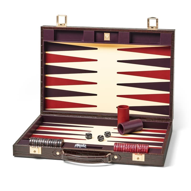 Aspinal of London 17-inch Backgammon Set in Deep Shine Amazon Brown Croc