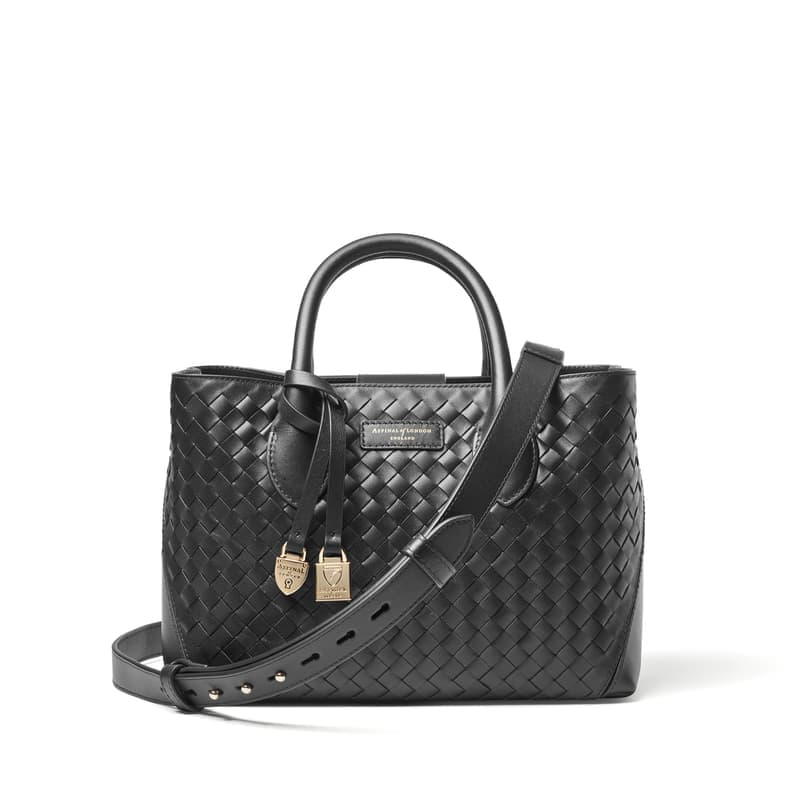 Aspinal of London Midi London Tote in Black Woven Leather with Engravable Charm