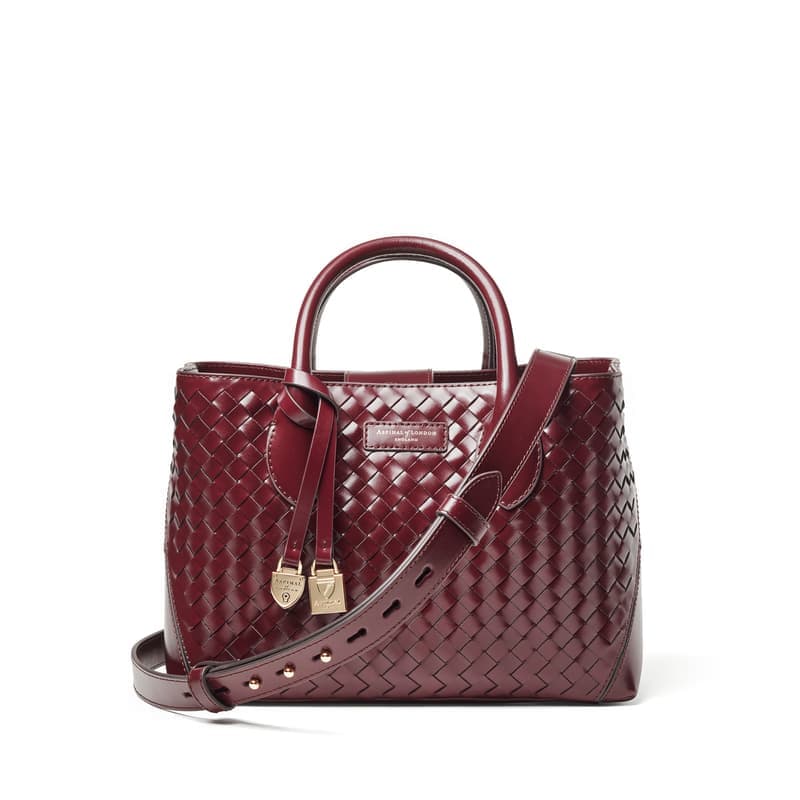 Aspinal of London Midi London Tote in Merlot Woven Leather with Engravable Charm