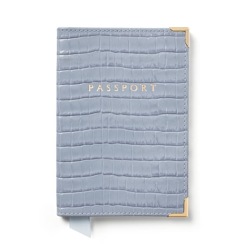Aspinal of London Passport Cover in Deep Shine Sky Blue Small Croc