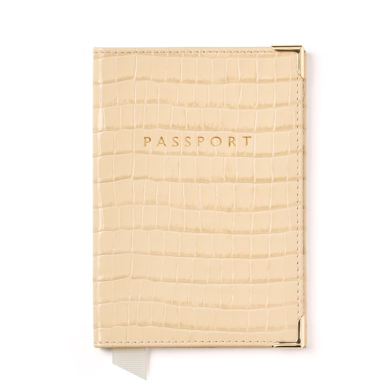 Aspinal of London Passport Cover in Deep Shine Buttermilk Small Croc