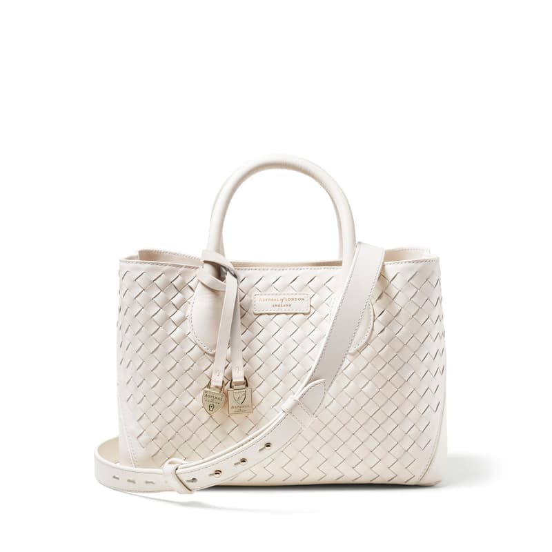 Aspinal of London Midi London Tote in Chalk White Woven Leather with Engravable Charm