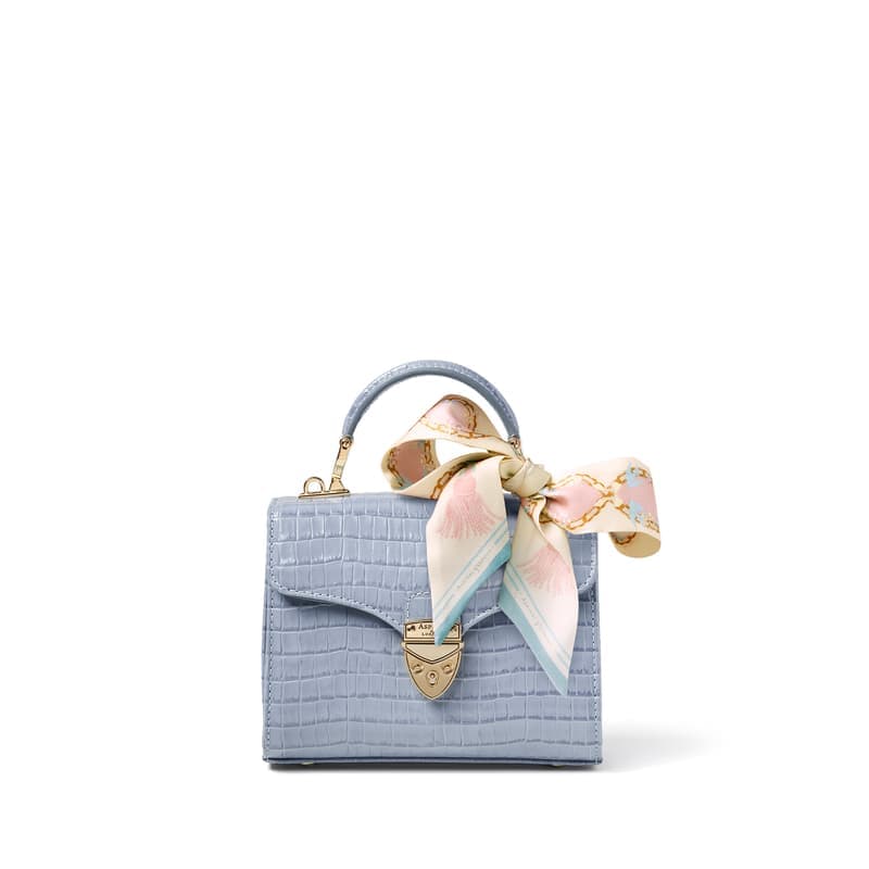 Aspinal of London Mini Mayfair® with Silk Neck Scarf in Deep Shine Sky Blue Small Croc