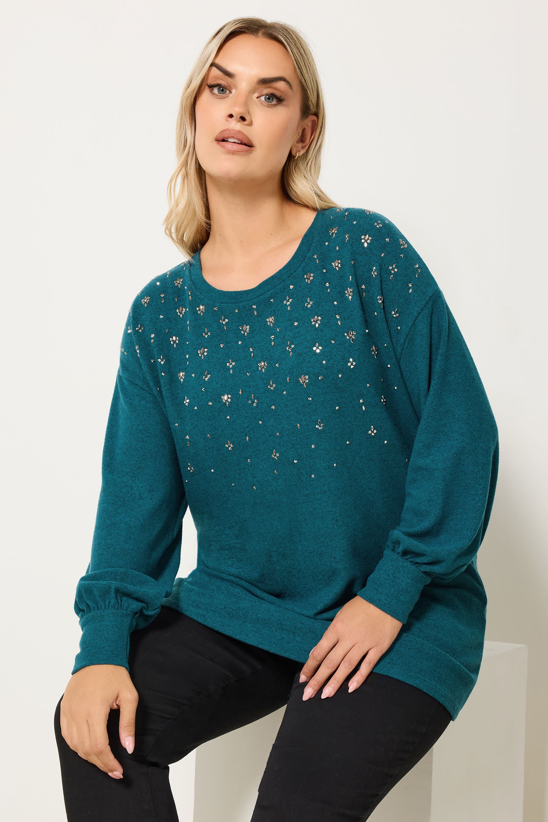 Yours Plus Size Teal Blue Diamante Embellished Jumper Size 18