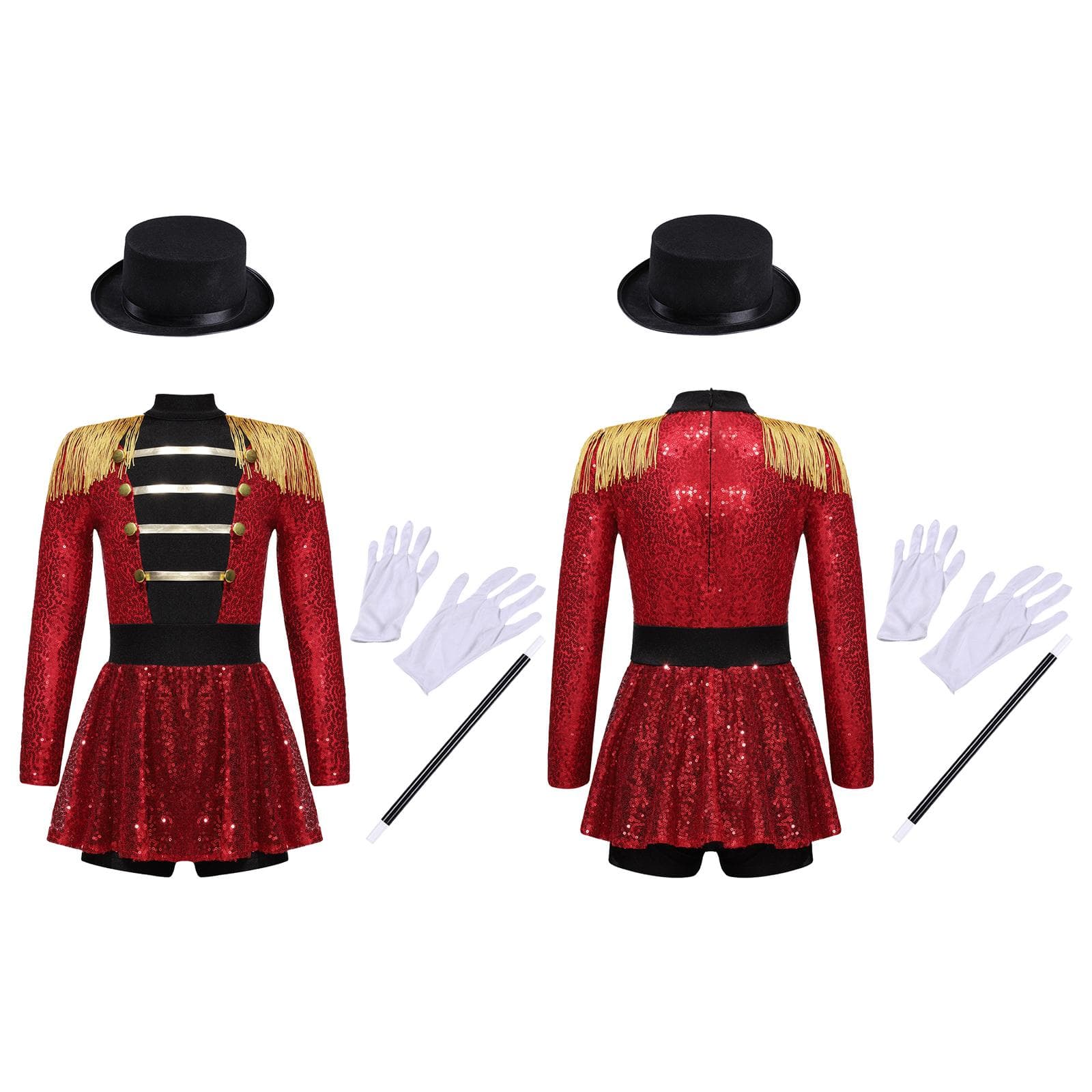 Girls Ringmaster Circus Costume Set Long Sleeve Tassel Shoulder Back Zipper Sequin Bodysuit Hat Magic Wand Gloves cm purple