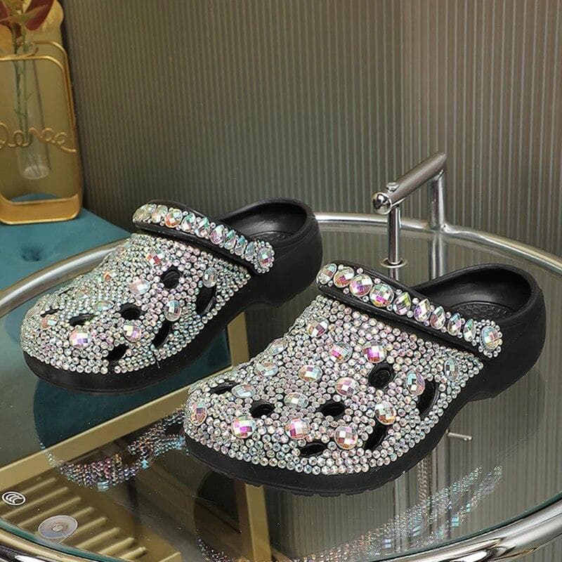 Women Summer Luxury Slippers EVA Rhinestone Decoration Sandals Beach Slides Flip Flop Soft Fashion Casual Shoes For Female cm black