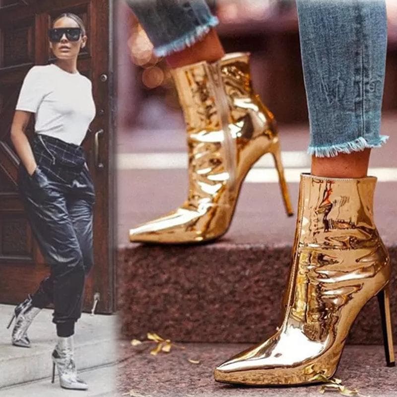 Fashion 2024 Design Ankle Boots Women Fashion Zipper Pointed High Heels Gold Silver Patent Leather Short Booties Shoes Catwalk Shoes cm