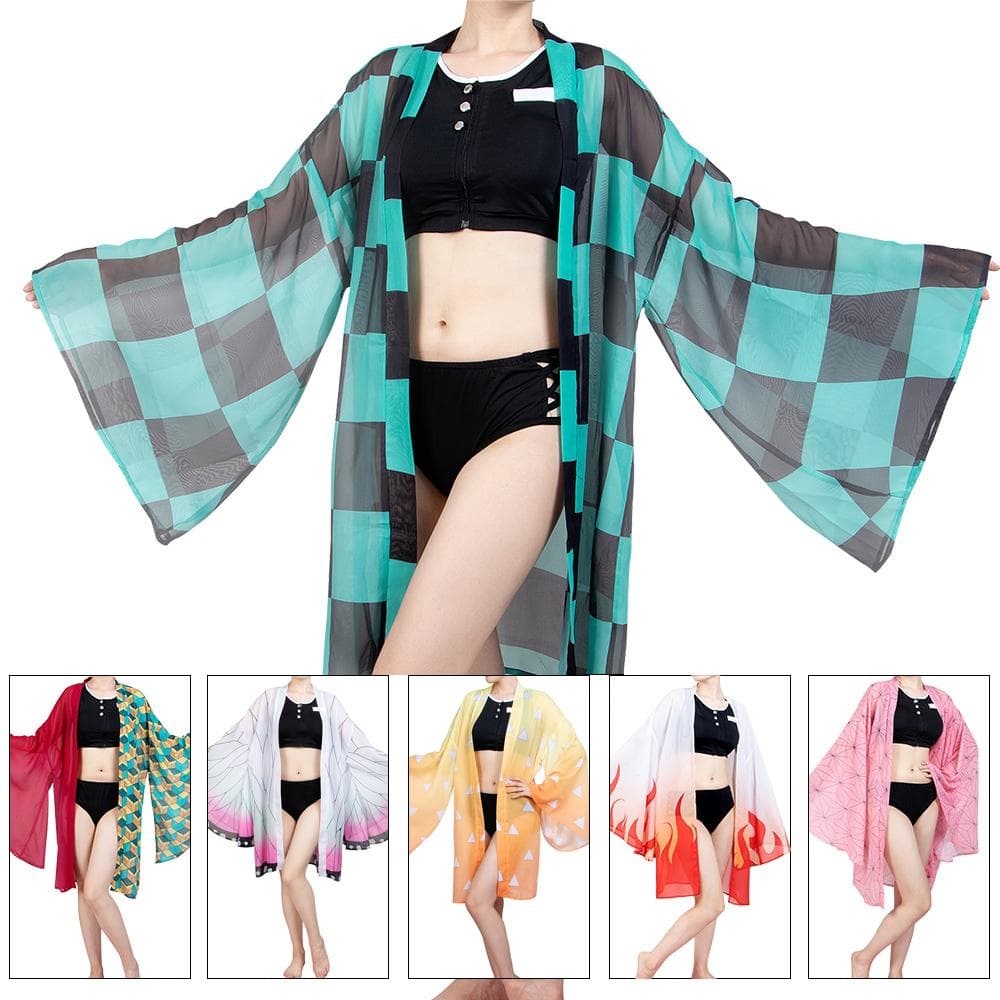 Demon Slayer Cosplay Kimetsu no Yaiba Kamado Tanjirou Cosplay Two Piece V Neck Bathing Suit Swimsuit with Sheer Kimono Cardigan cm