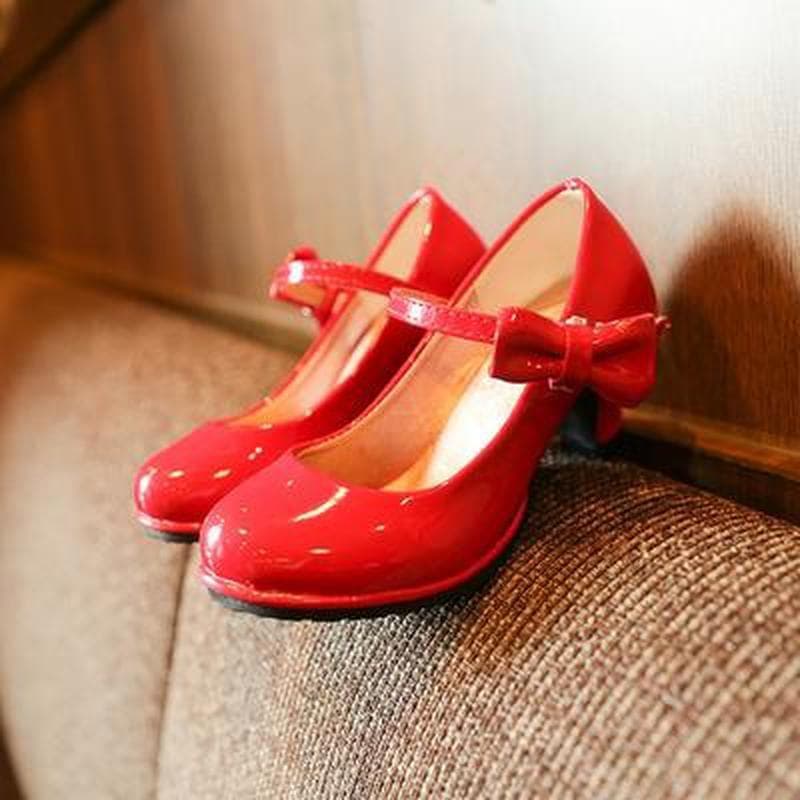 Cimva Girls High-heel Shoes Patent PU Leather Mary Jane with Bowknot Decor cm red