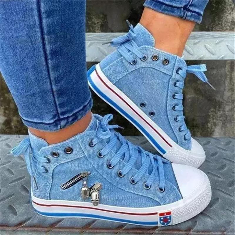 Women's Denim Flat-heel Round Toe Lace-up Skull Metal Decoration High-top Comfortable Fashion Classic Casual Sneakers cm blue
