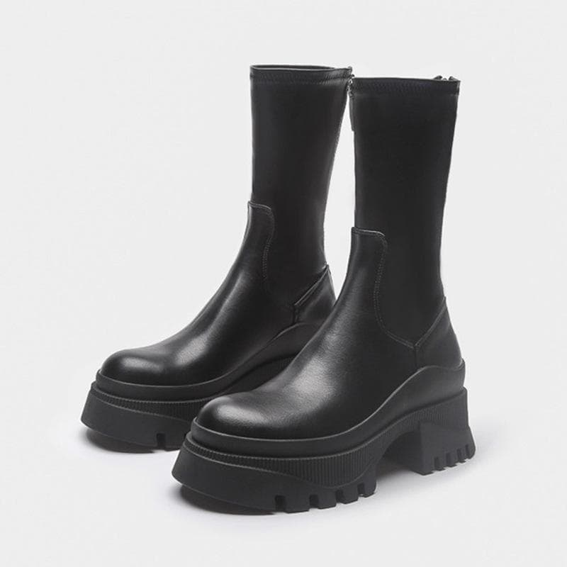 Chelsea Boots Women Ankle Boots Fashion Chunky Sole Slip On Long Boots Genuine Leather Black Short Boots Feminina Platform Shoes cm
