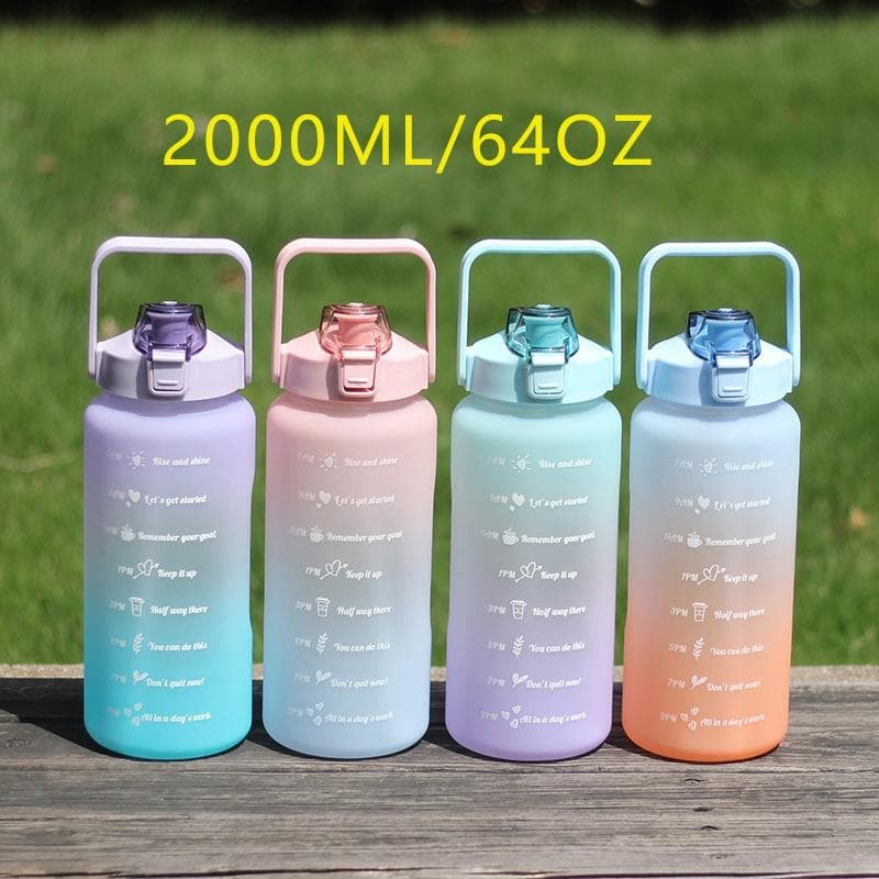 2L Water Bottle with Straw Time Marker Plastic Water Cup Large Capacity Outdoor Sports Bottles green