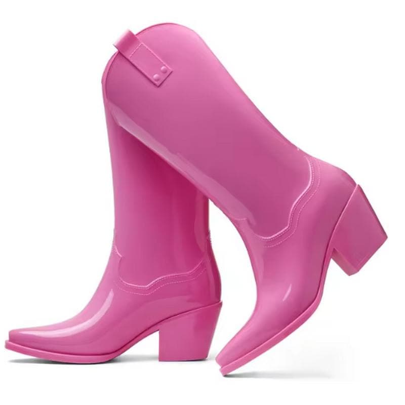 Fashion FHC Chunky High Heels Rain Boots,Women's Waterproof Mid Calf Botas,Kitchen Work Shoes,Cowboy Booties,Black,PInk,Red,Dropship cm pink