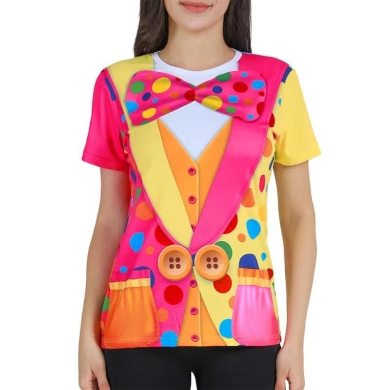 Women Clown Costume Circus Shirt Adult Lady Halloween Carnival Outfit Oversize Bow Graphic O Neck 3D Print Colorful Short Sleeve Tops cm