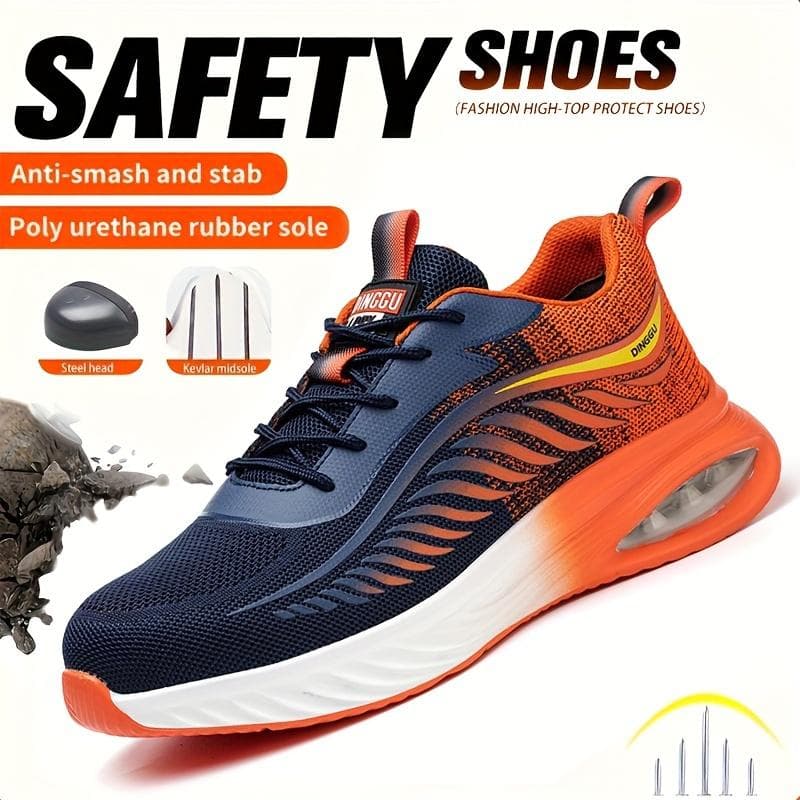 Men Safety Shoes Air Cushion Anti-smash Anti-puncture Protective Work Shoes Indestructible Safety Boots Steel Toe Work Sneakers cm orange