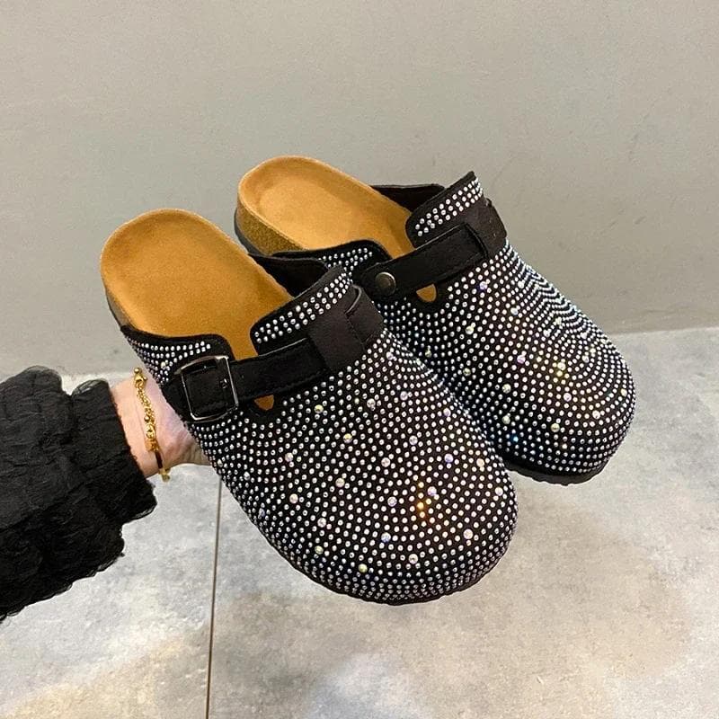 Shiny Rhinestones Outdoor Slippers Women's Shoes Summer Trend Luxury Platform Sandals Black Buckle Cork Clog Luxury Mules cm black
