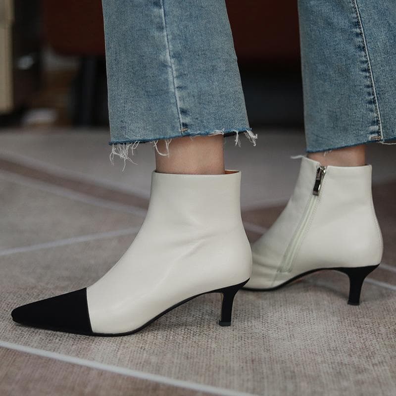 Winter Women Shoes Genuine Leather Mixed Colors Ankle Boots Concise Zip Pointed Toe Women Boots Thin Heels Zapatos De Mujer cm beige