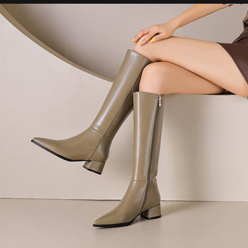 Krazing Pot Cow Leather Autumn Winter Shoes Thick Med Heels Big Size 46 Women Keep Warm Thigh-high Boots cm black