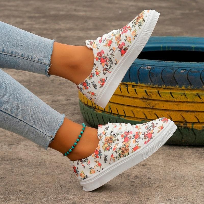 Sneakers Women's Floral Print Lace-up Shoes Round Toe Women's Flat Shoes Single Shoe Lace Up Casual Flat Sneakers cm